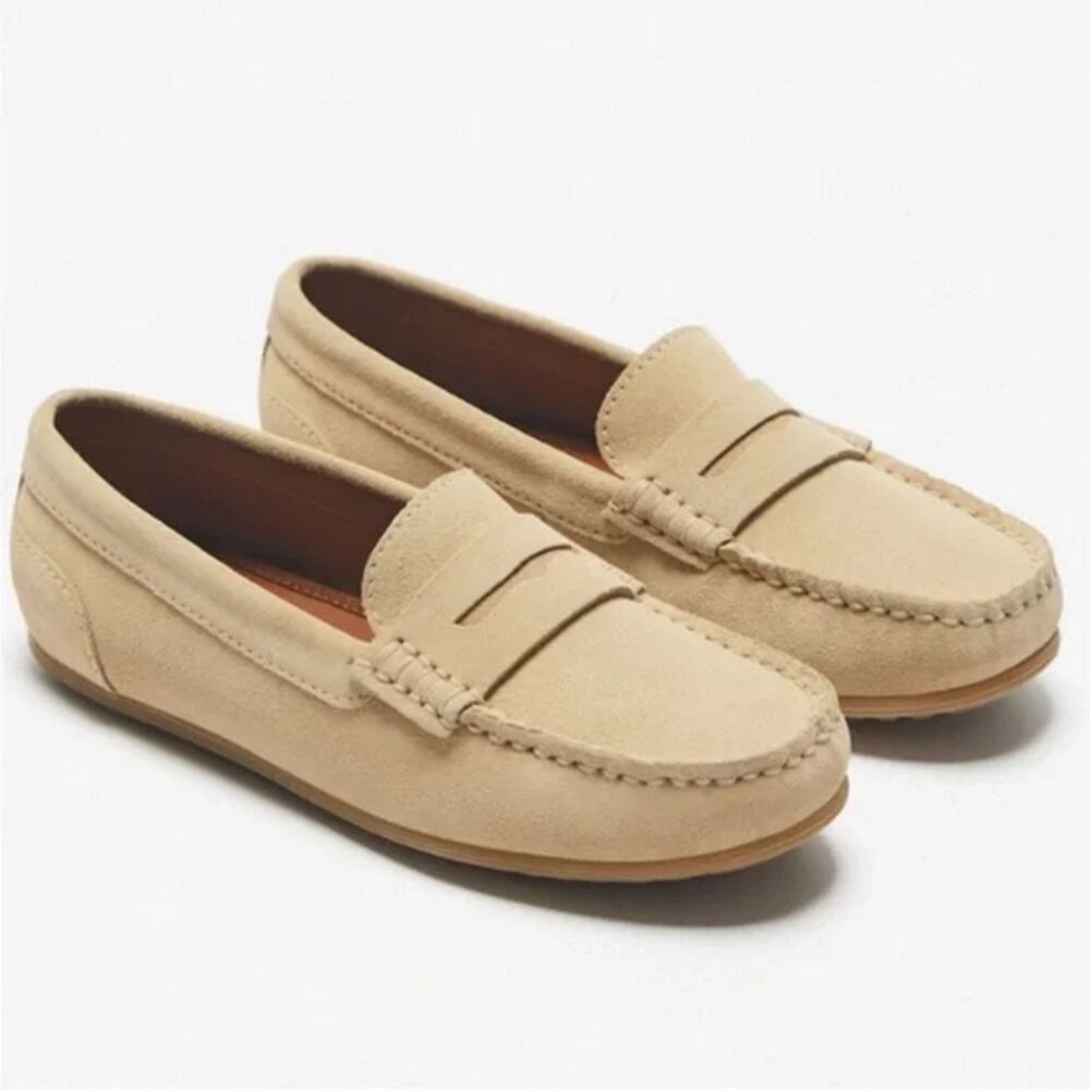 Zara Tan Khaki Zara Kids Big Boy Genuine Leather Suede Slip-On Loafers (NWT)